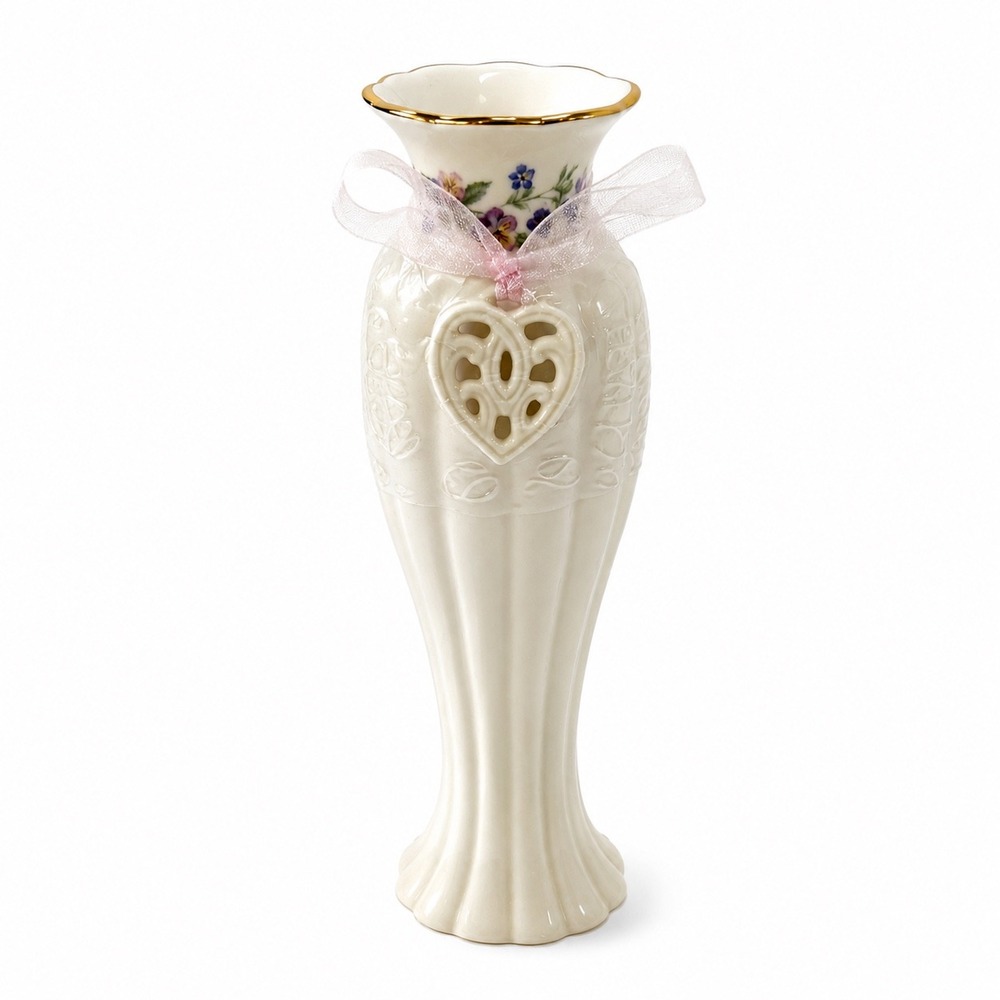 Lenox Ivory China Pierced Heart Bud Vase Gold Trim Floral Ribbon 6.5 inch